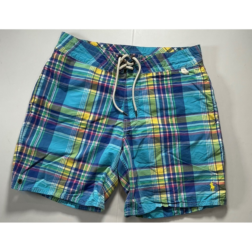 Y2K VTG Polo Ralph Lauren Swim Trunks Mens 34 Plaid Multicolor Preppy Beach